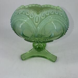 Pedestal Bowl Green Opalescent Pressed Glass Teardrop Scroll Pattern 5.5” T VTG
